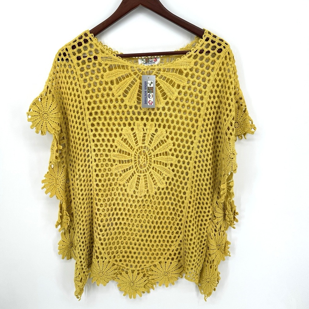 India Boutique Yellow Crochet Lace Floral Medallion Poncho Cover Up One Size